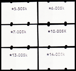 Automatové známky (I. náklad 6 hodnot - 5,50,6,7,10,13,14 Sk bez barevného podtextu s lepem)